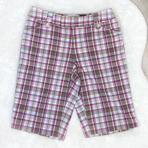 Banana Republic Martin Fit Plaid Bermuda Walking Shorts Purple Tan Size 0